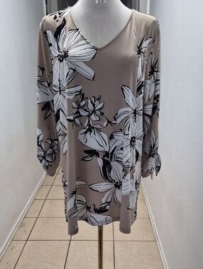 Susan Graver Taupe Floral V-Neck Tunic with White and Black Print